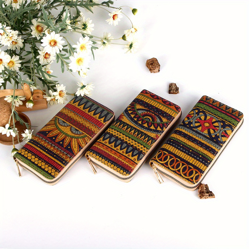 Multicolor retro geometric pattern zipper closure tri-fold clutchwalletwrist bagcard holder