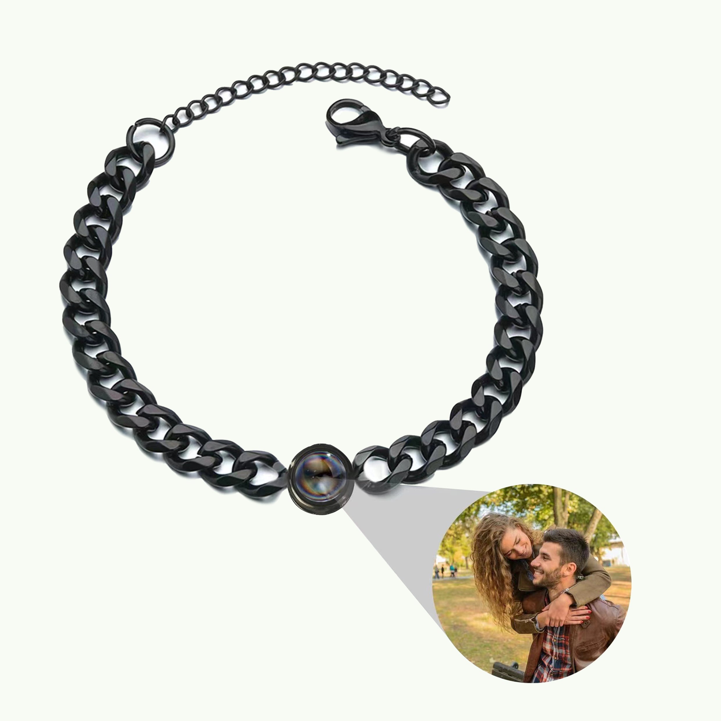 Cuban link chain and circle charm photo projection bracelet