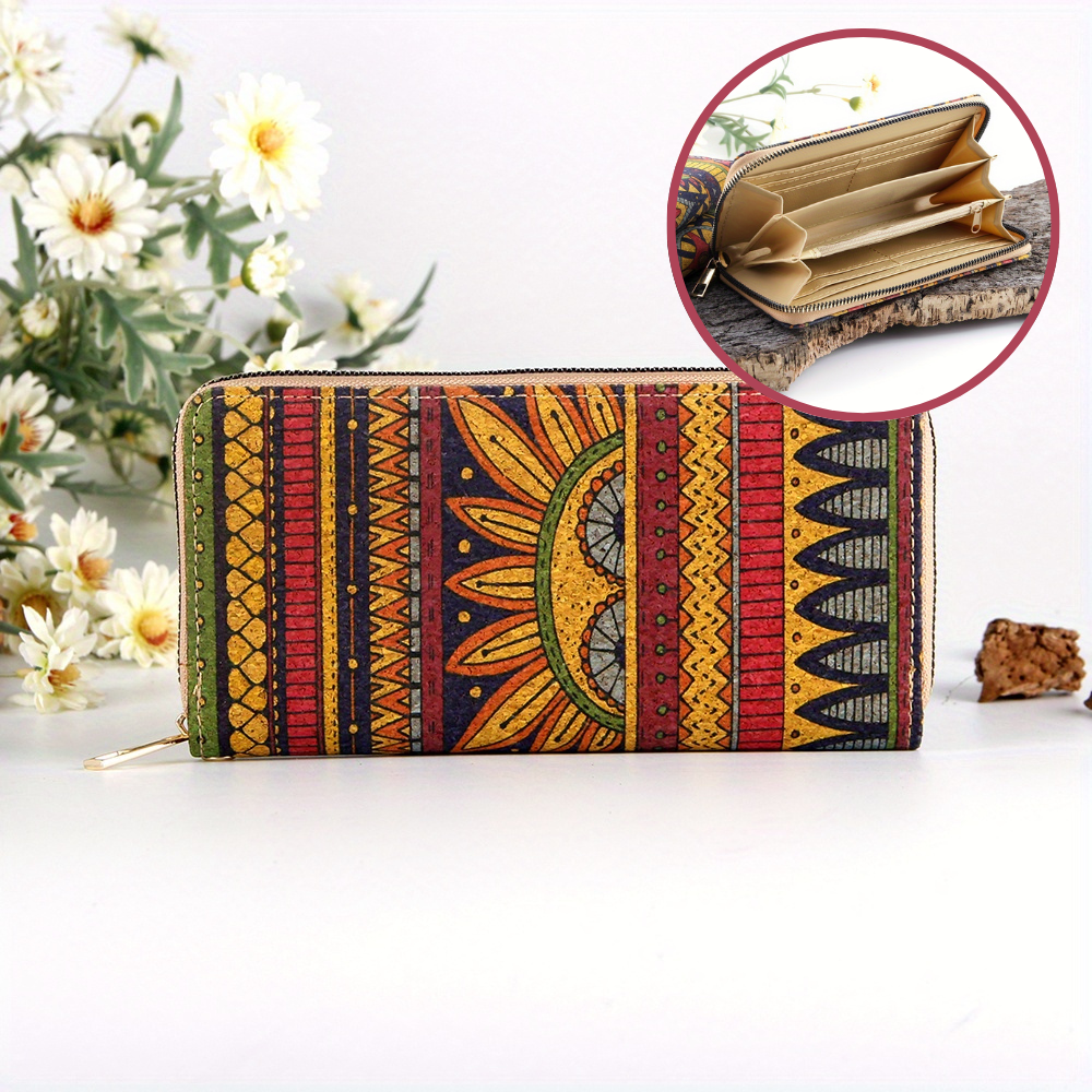 Multicolor retro geometric pattern zipper closure tri-fold clutchwalletwrist bagcard holder