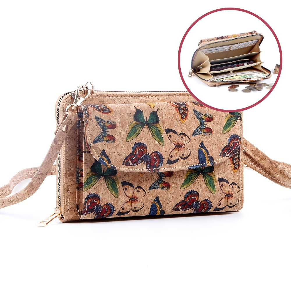 Cork shoulder bag with butterfly motif