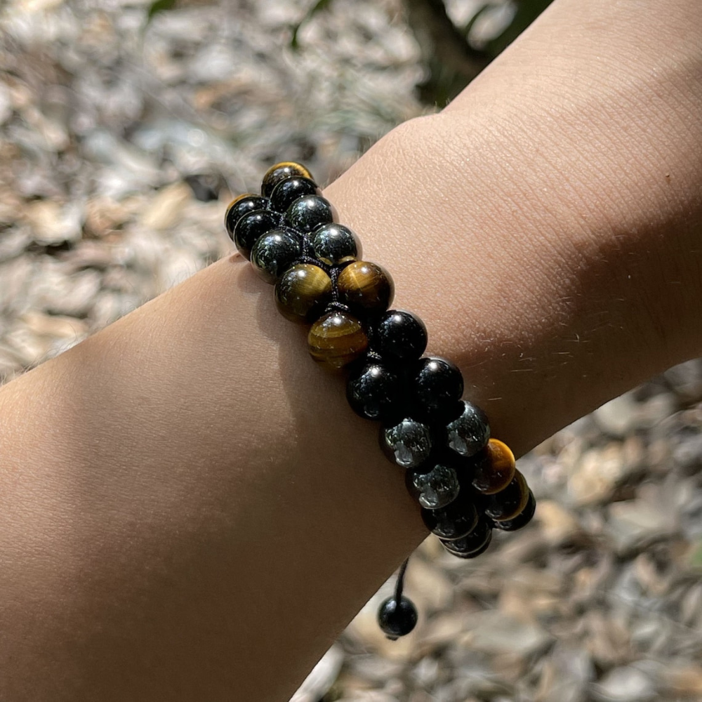 Natural stone bracelet with tiger's eye obsidian and black onyx