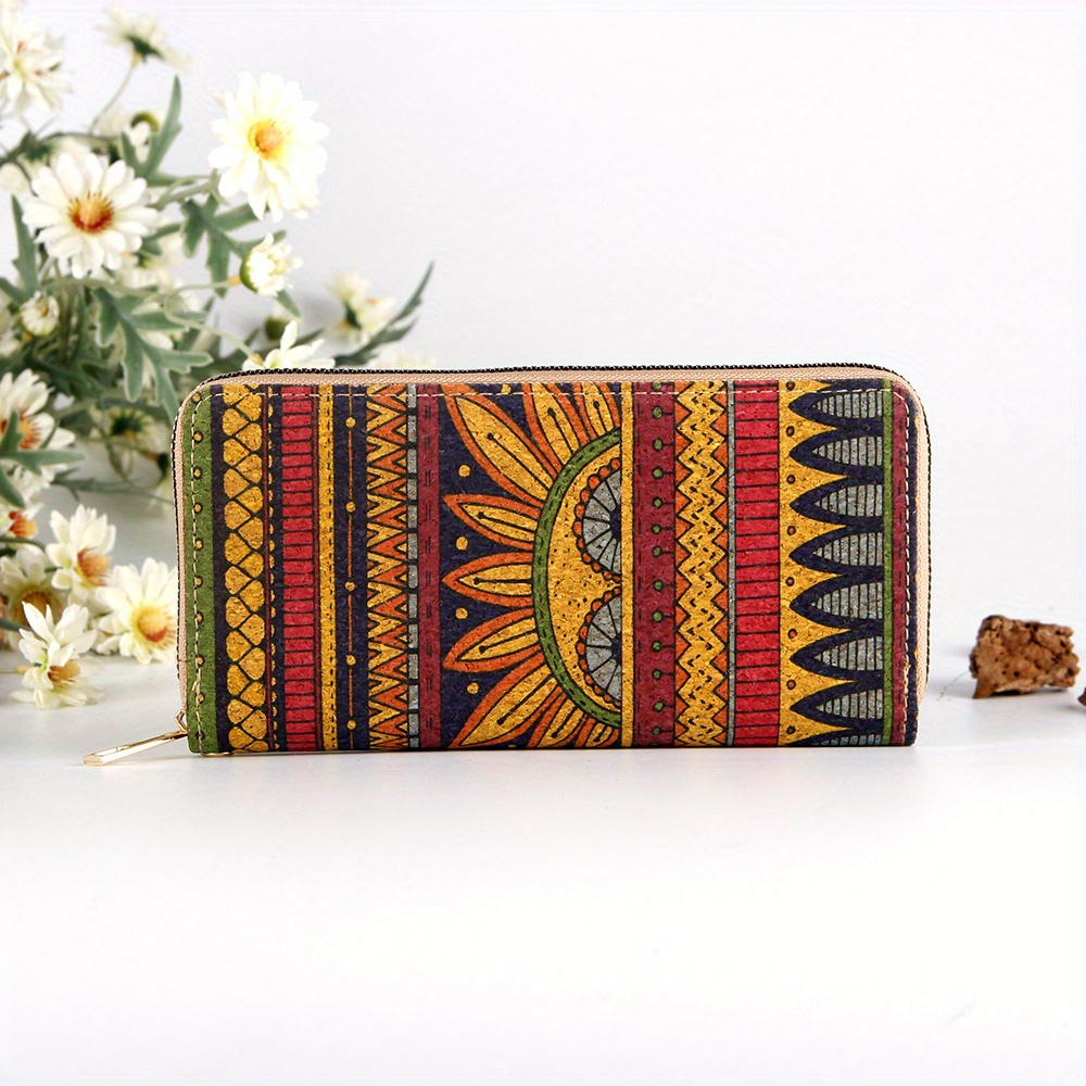 Multicolor retro geometric pattern zipper closure tri-fold clutchwalletwrist bagcard holder