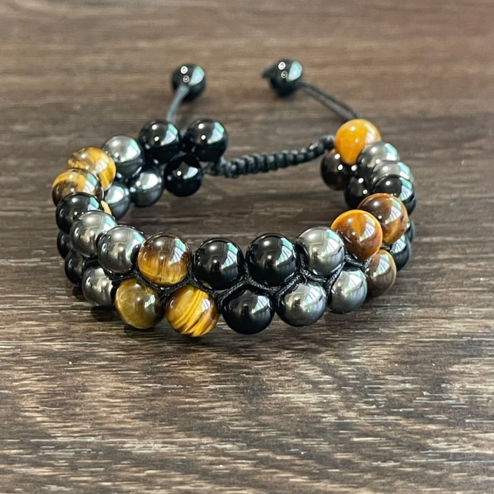 Natural stone bracelet with tiger's eye obsidian and black onyx