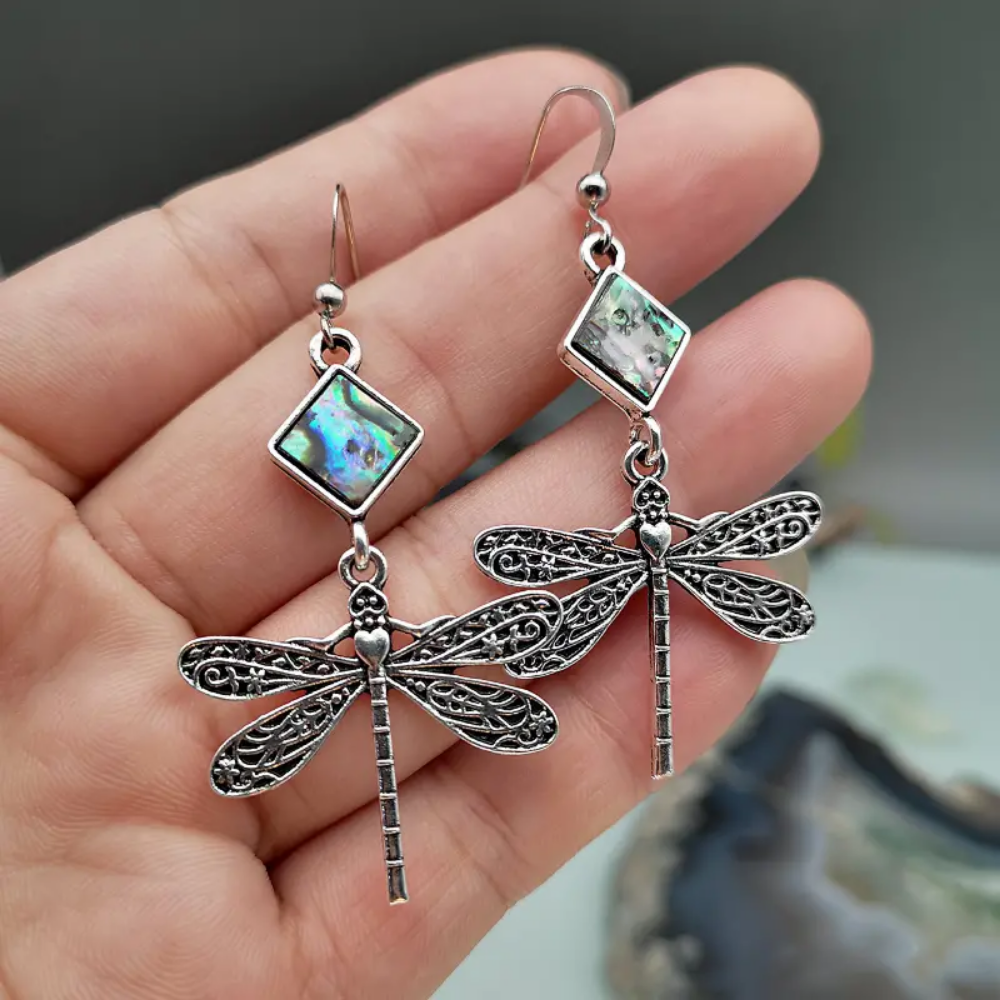 Celestijn earrings – dragonfly design with stone inlays