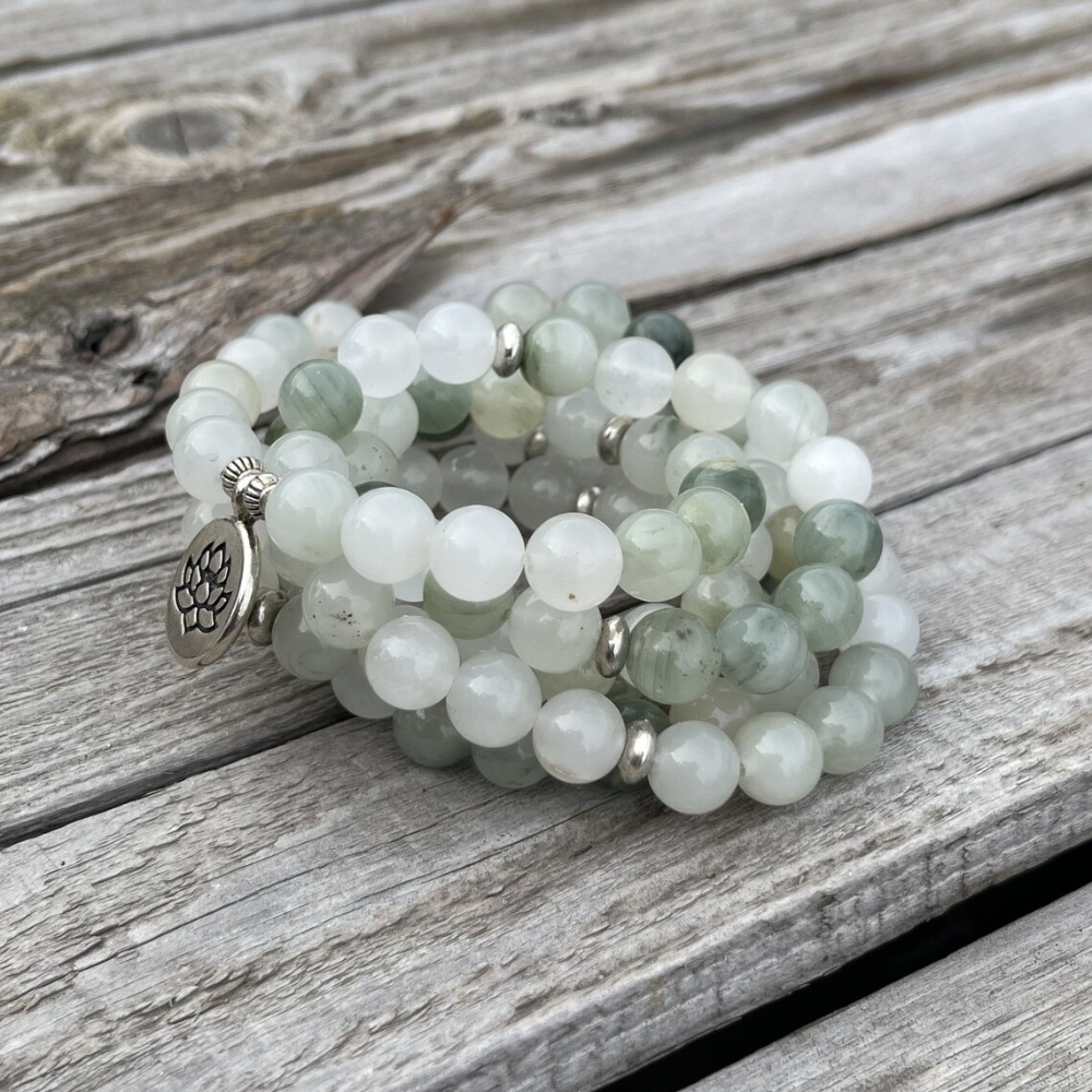 Necklace bracelet with 108 Mala beads - natural white jade