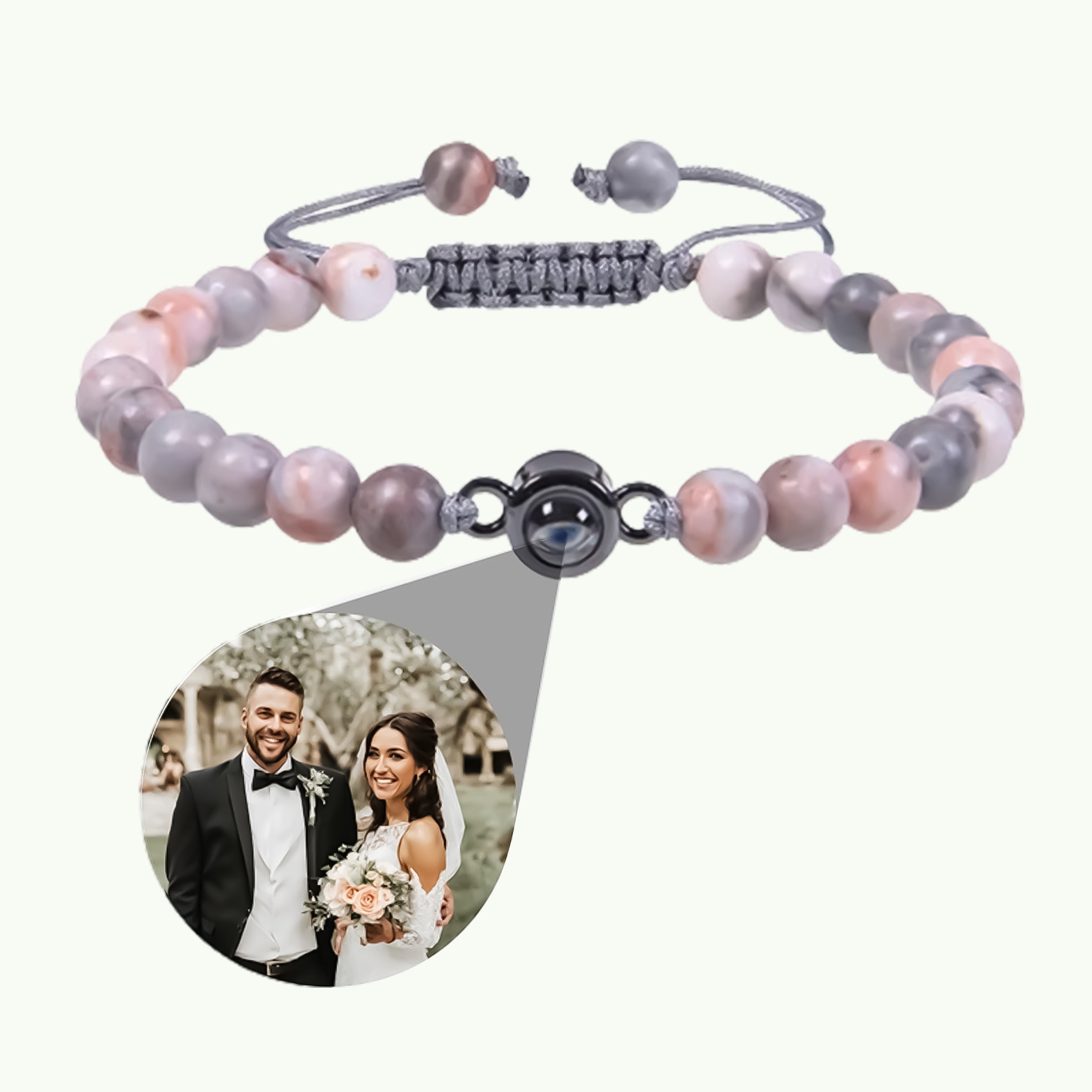 Photo projection bracelet with stone beads and circle charm