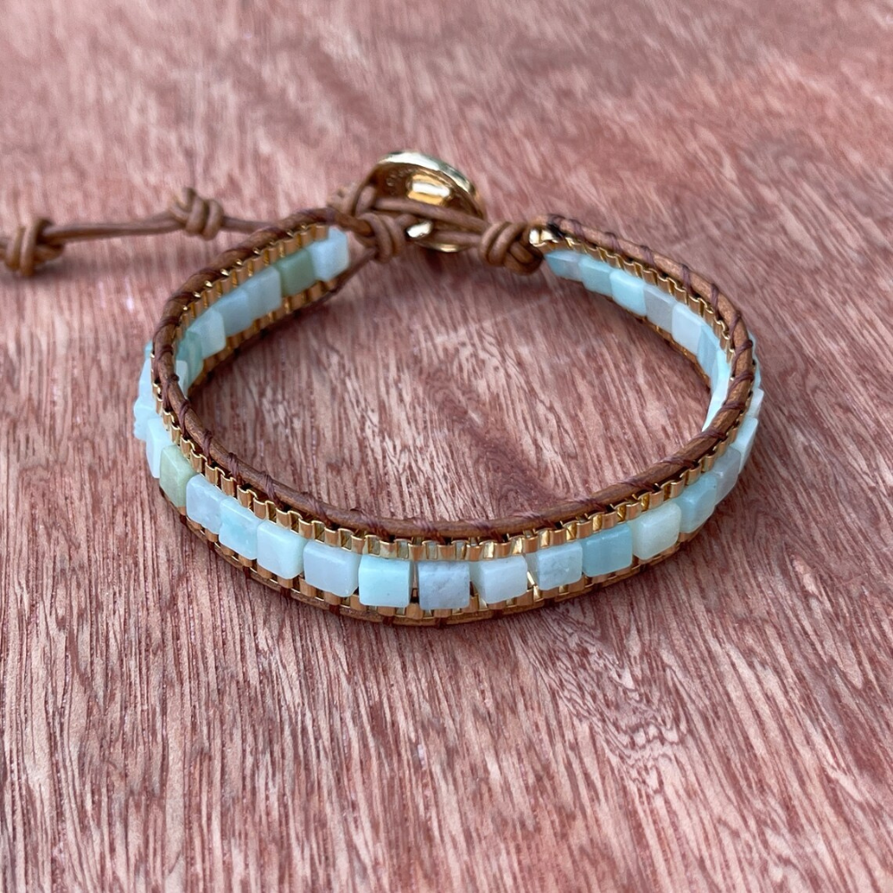 Bracelet with sage - natural amazonite and vegan leather