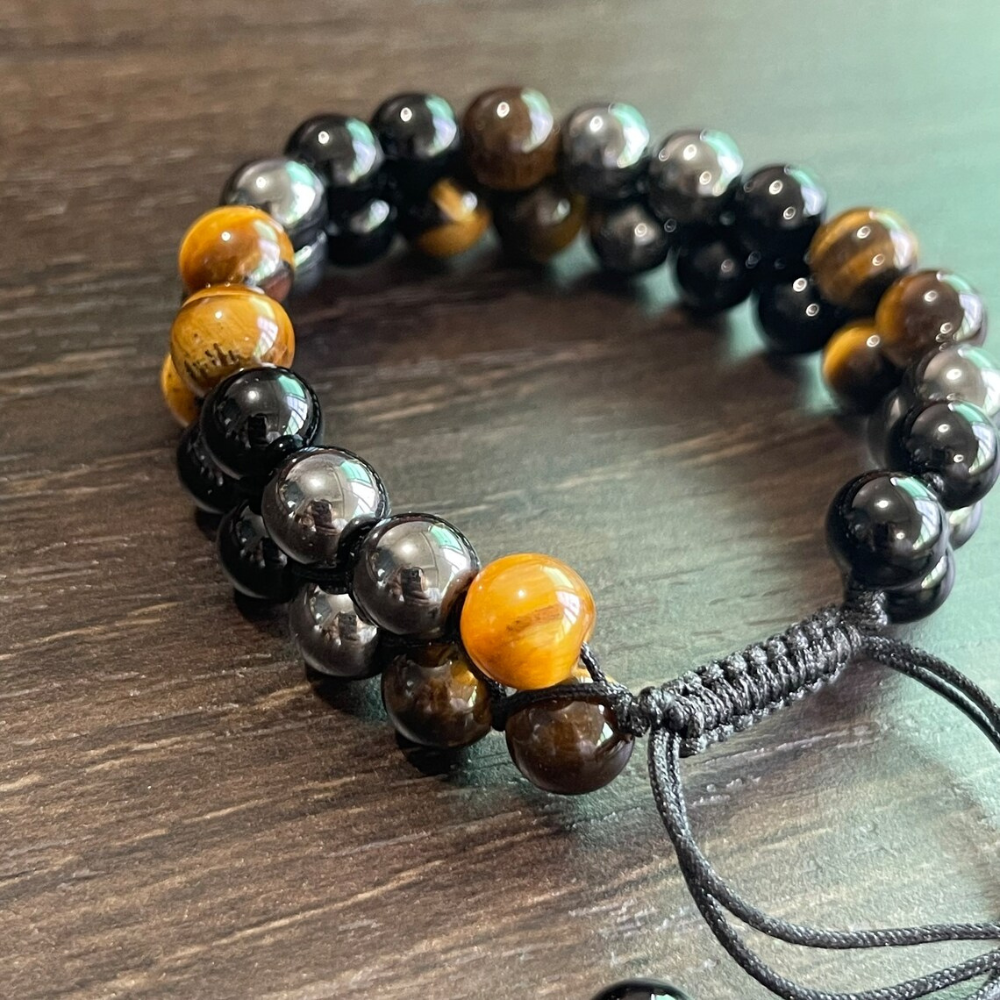 Natural stone bracelet with tiger's eye obsidian and black onyx