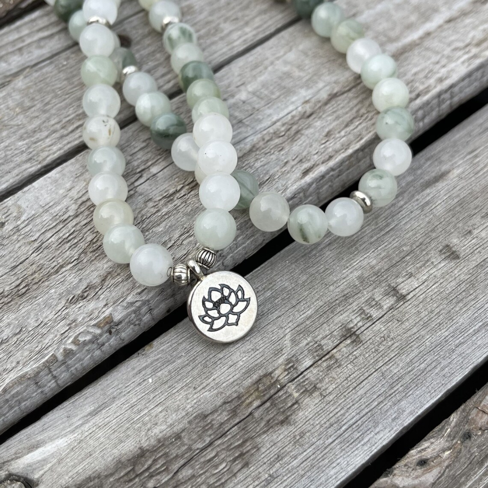 Necklace bracelet with 108 Mala beads - natural white jade