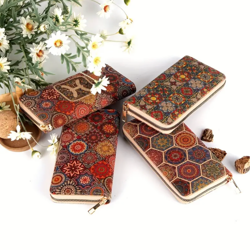 Marieke collection - long cork wallet with vintage print