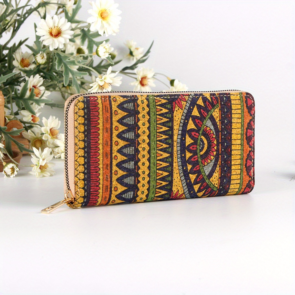 Multicolor retro geometric pattern zipper closure tri-fold clutchwalletwrist bagcard holder