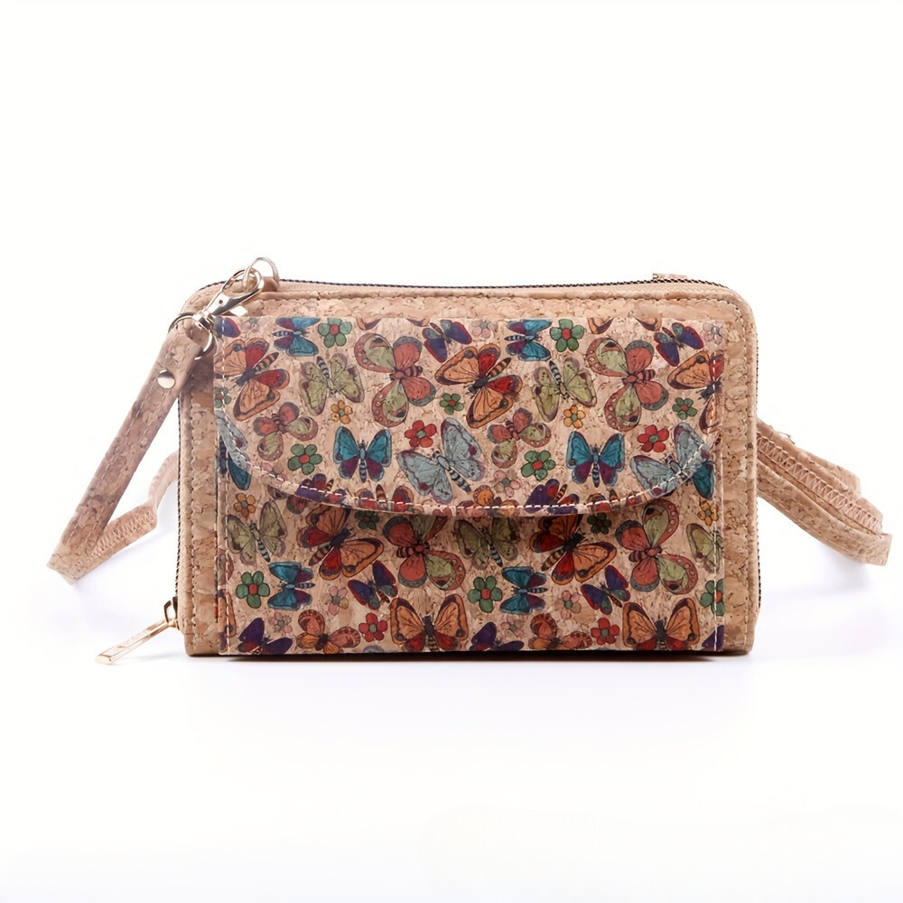 Cork shoulder bag with butterfly motif