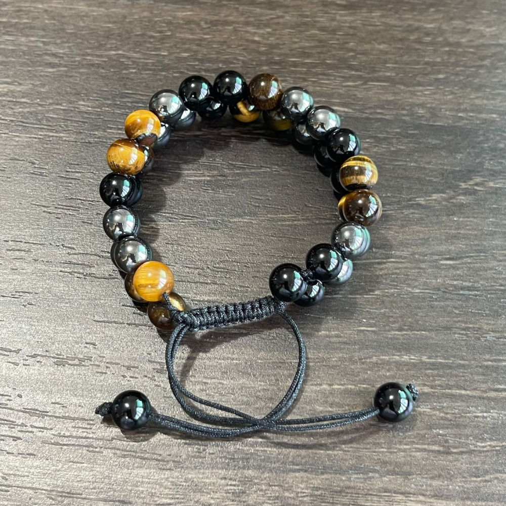 Natural stone bracelet with tiger's eye obsidian and black onyx