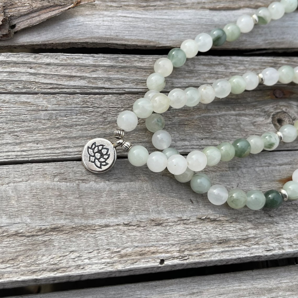 Necklace bracelet with 108 Mala beads - natural white jade