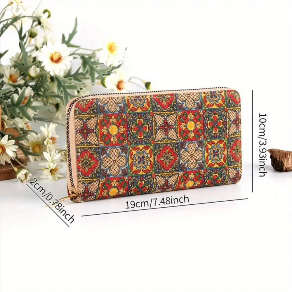 Marieke collection - long cork wallet with vintage print