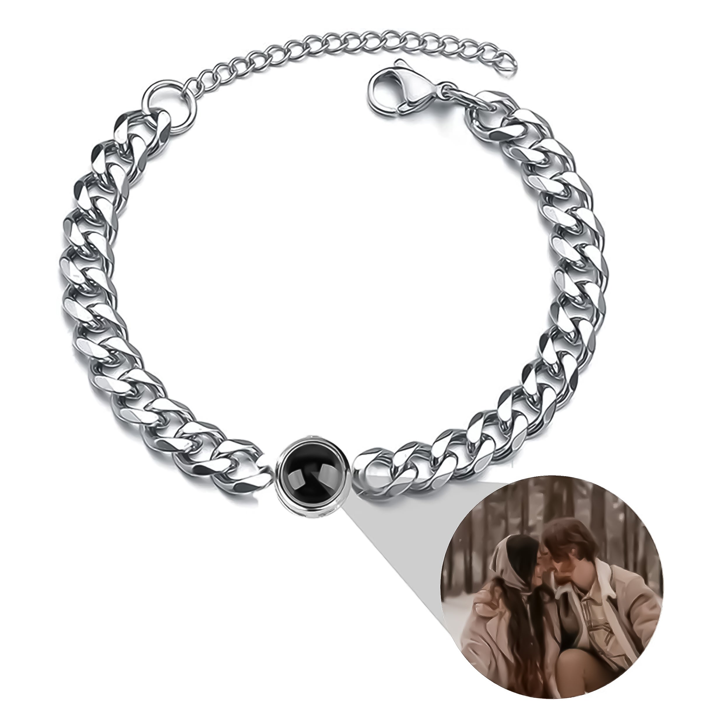 Cuban link chain and circle charm photo projection bracelet