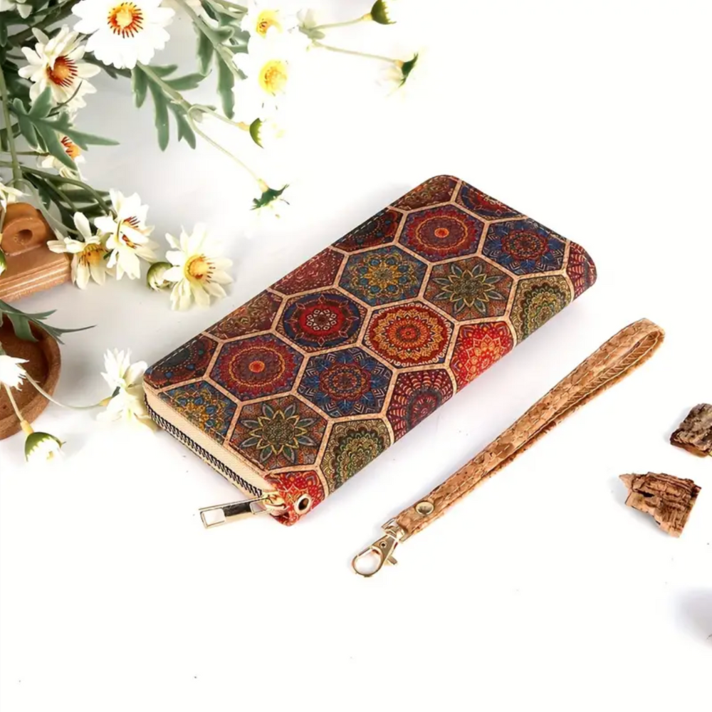 Marieke collection - long cork wallet with vintage print