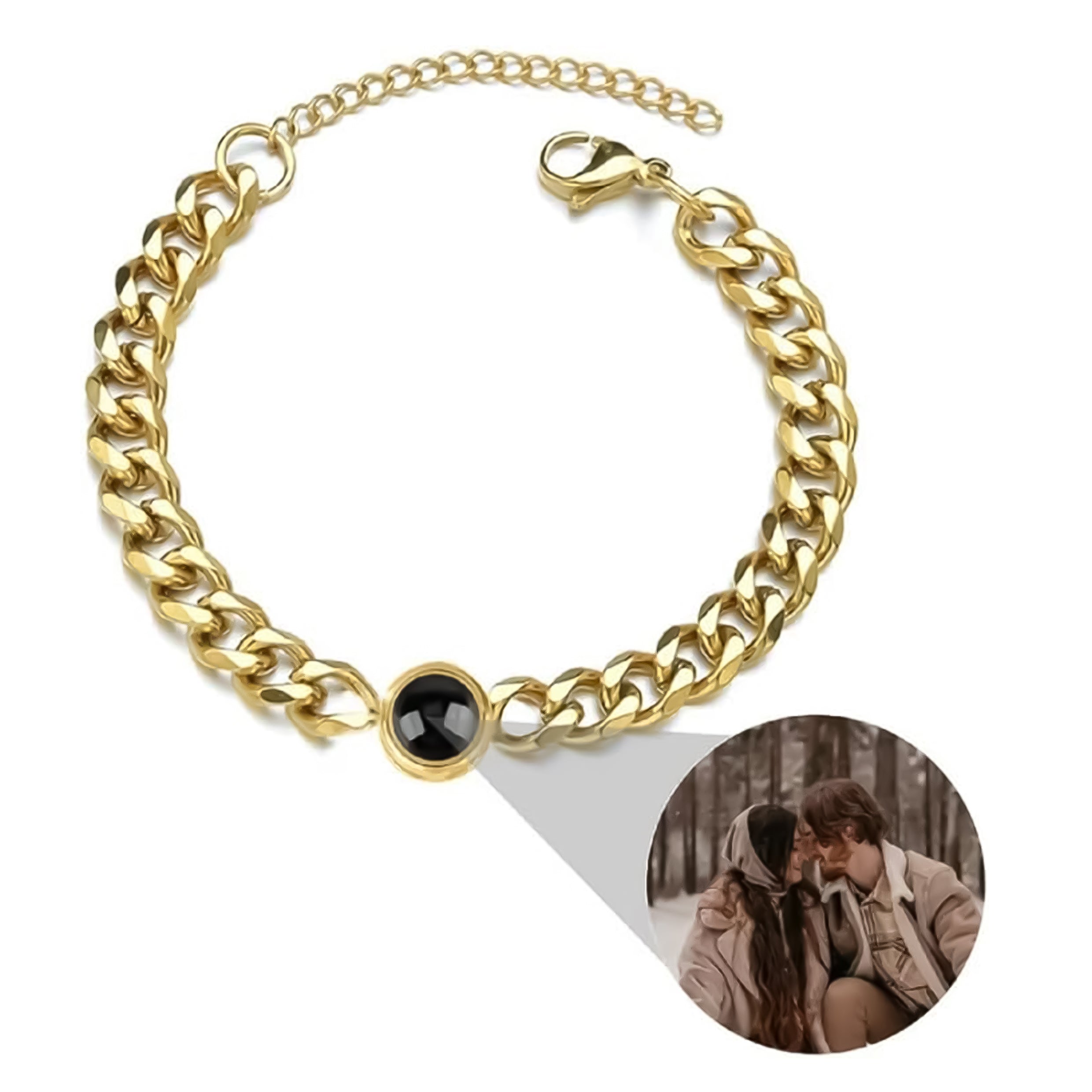 Cuban link chain and circle charm photo projection bracelet