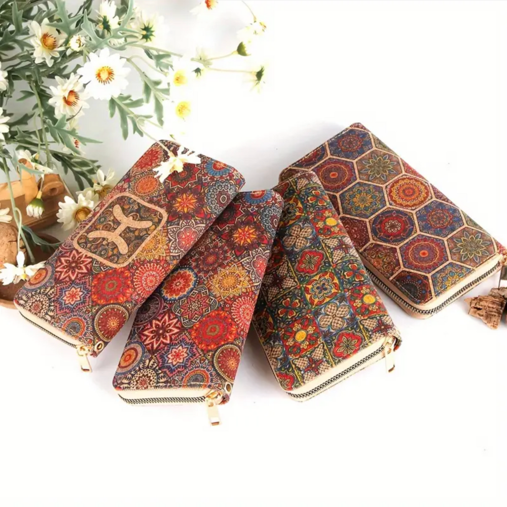 Marieke collection - long cork wallet with vintage print