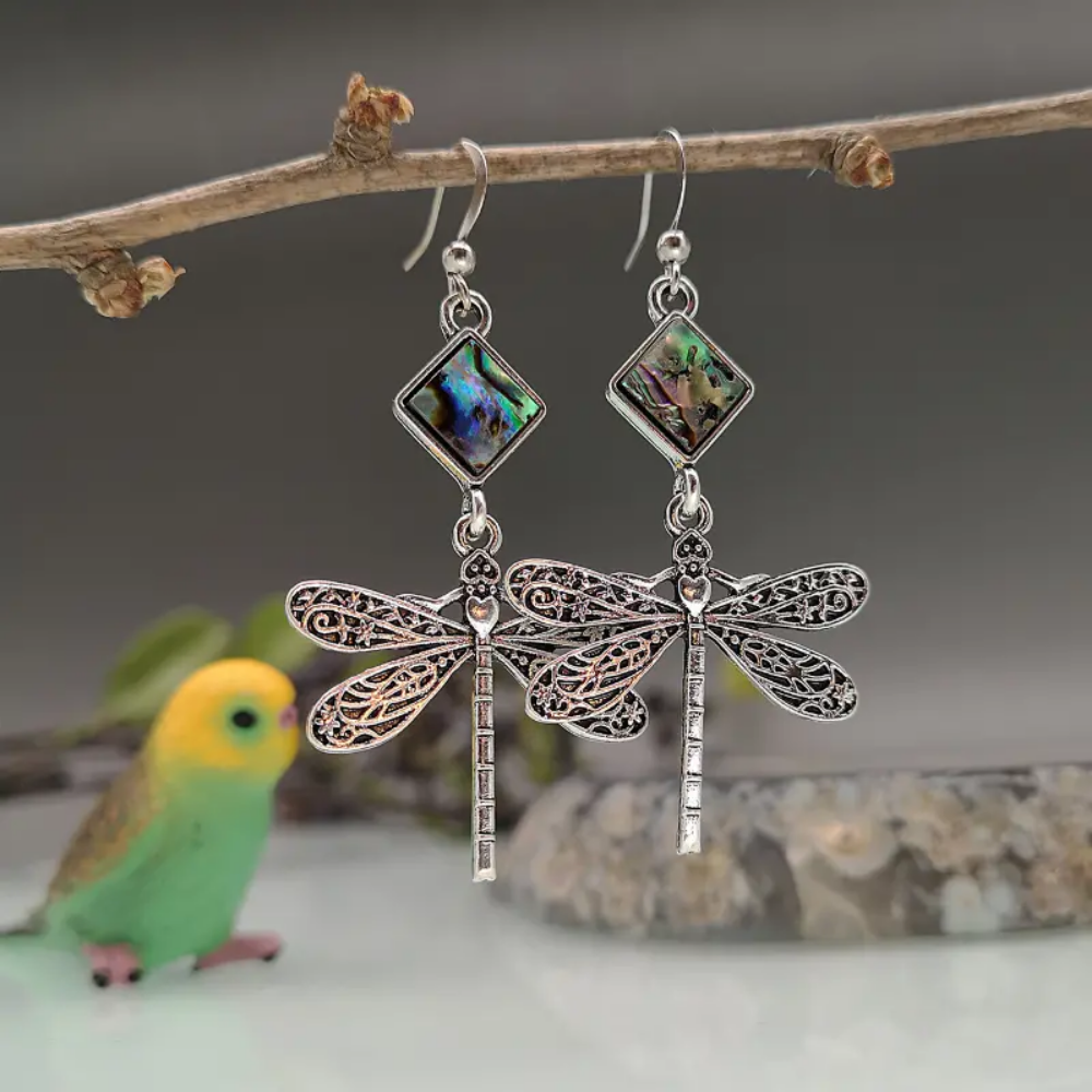 Celestijn earrings – dragonfly design with stone inlays