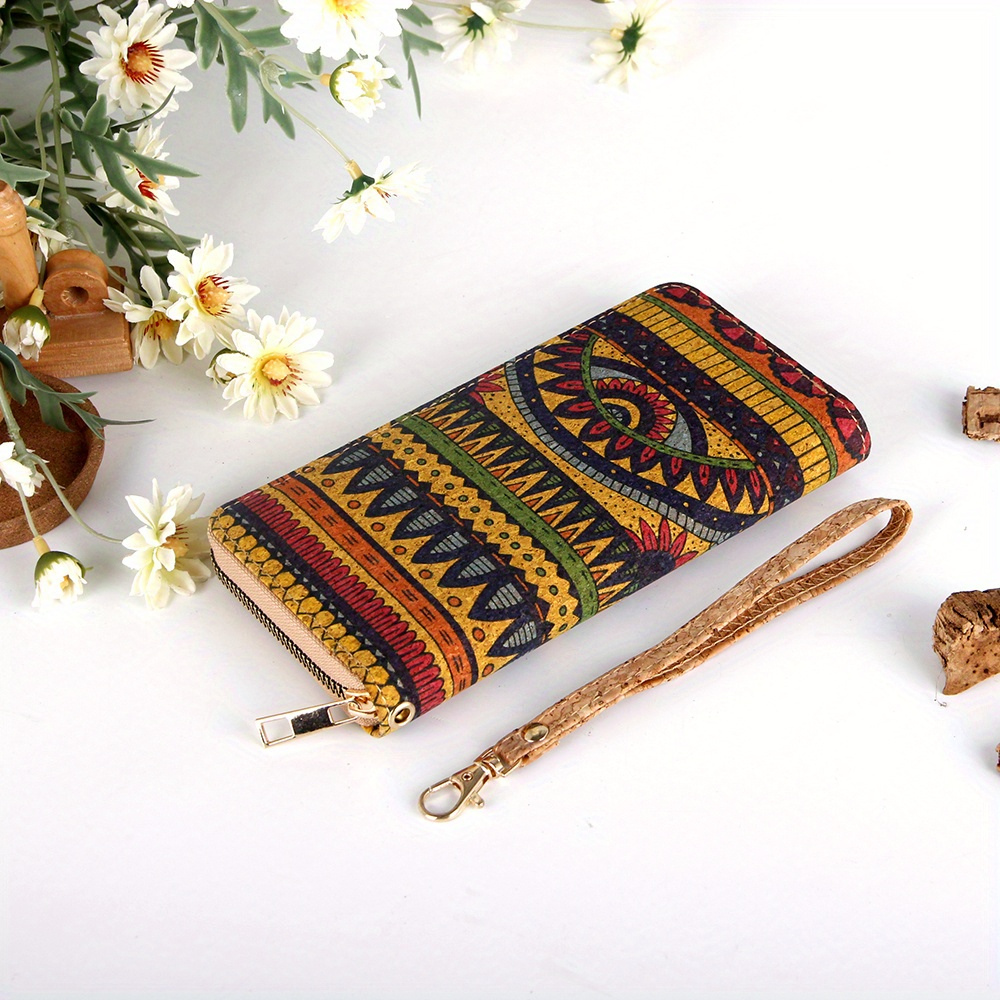 Multicolor retro geometric pattern zipper closure tri-fold clutchwalletwrist bagcard holder