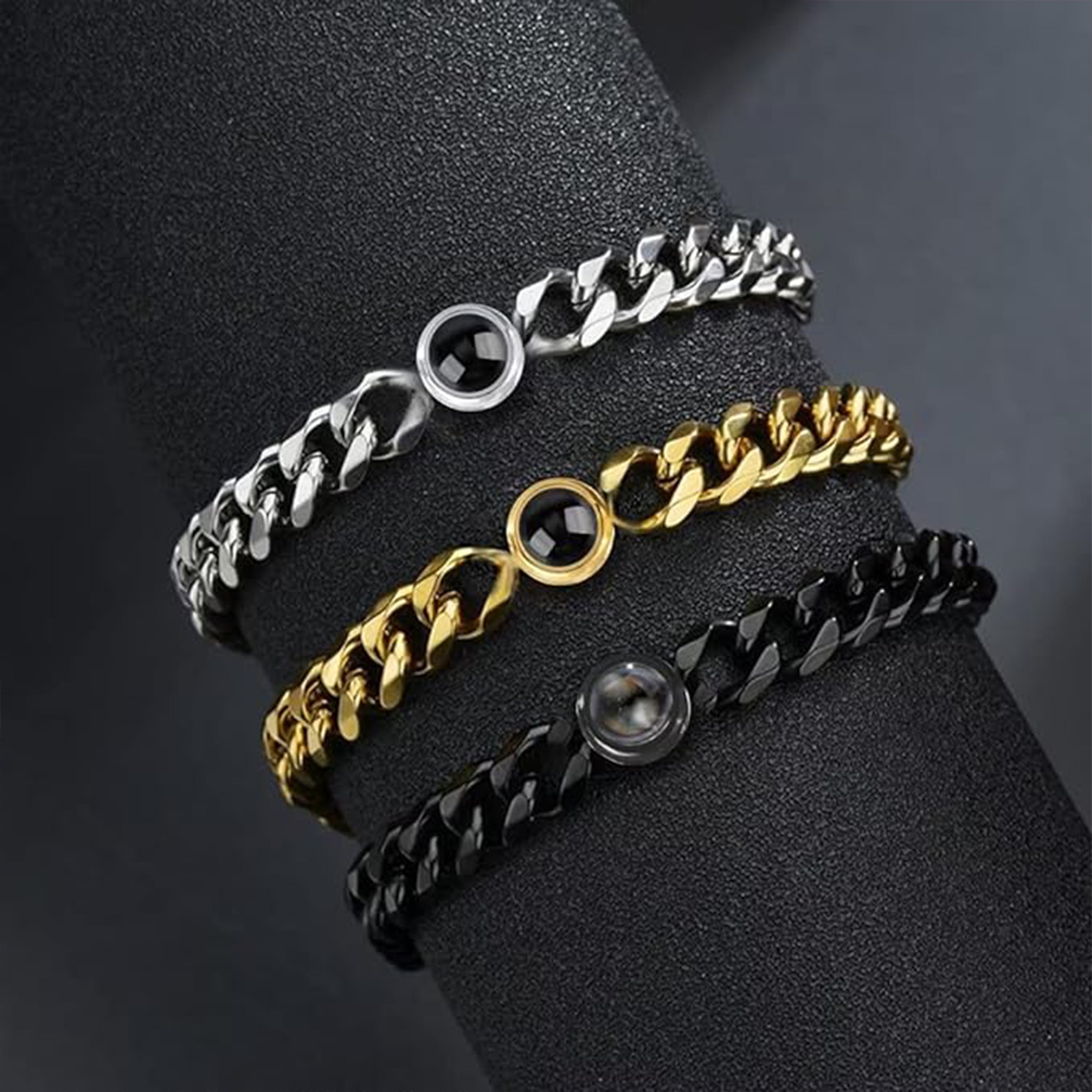 Cuban link chain and circle charm photo projection bracelet