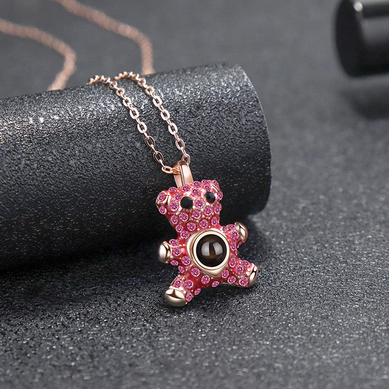 Teddy bear photo projection necklace for girls