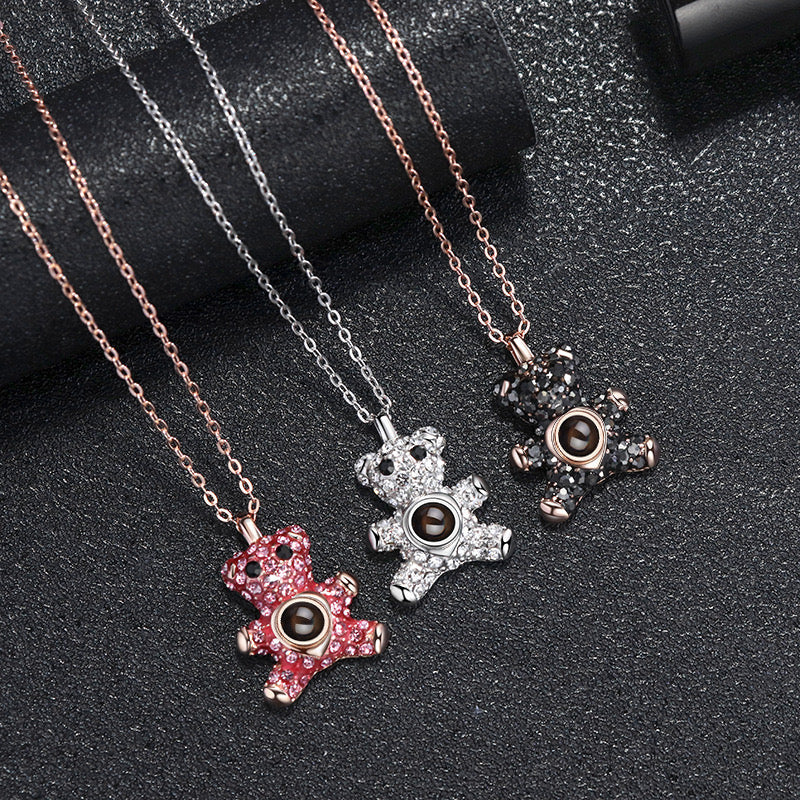 Teddy bear photo projection necklace for girls