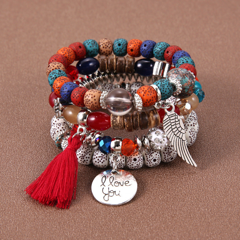 4pc stackable bohemian ethnic style exotic beaded couple bestie bracelet multi-layer elastic bracelet