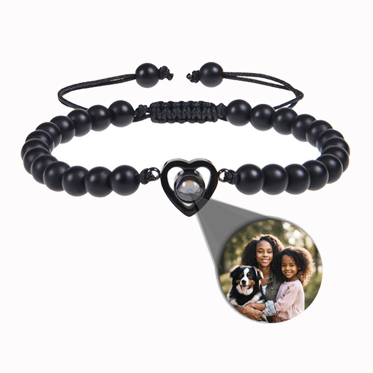 Photo projection bracelet with stone beads and heart pendant