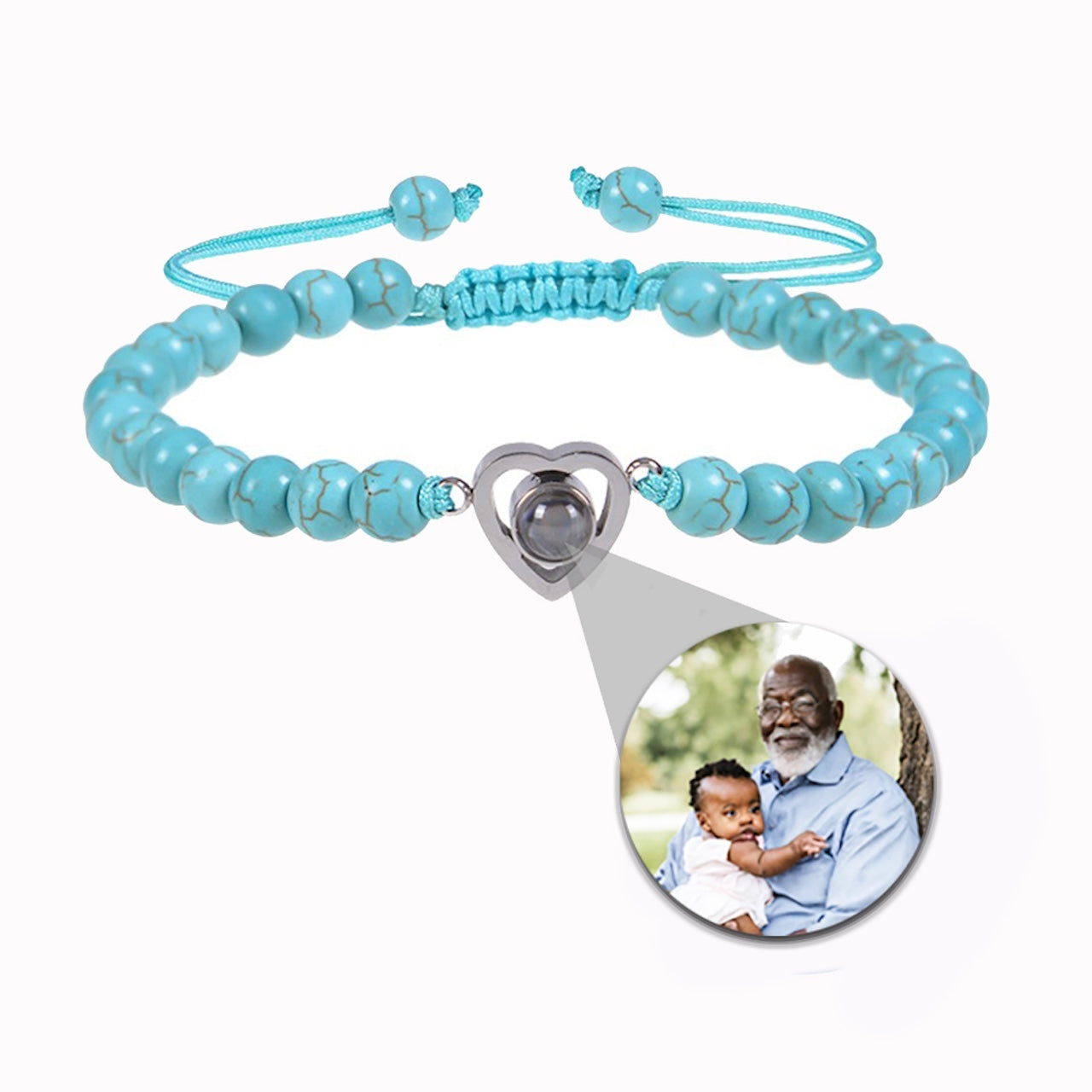 Photo projection bracelet with stone beads and heart pendant