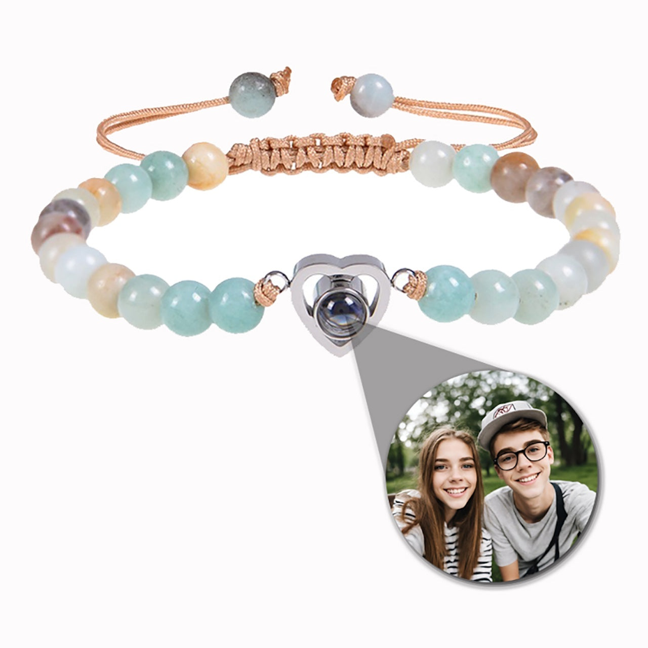 Photo projection bracelet with stone beads and heart pendant