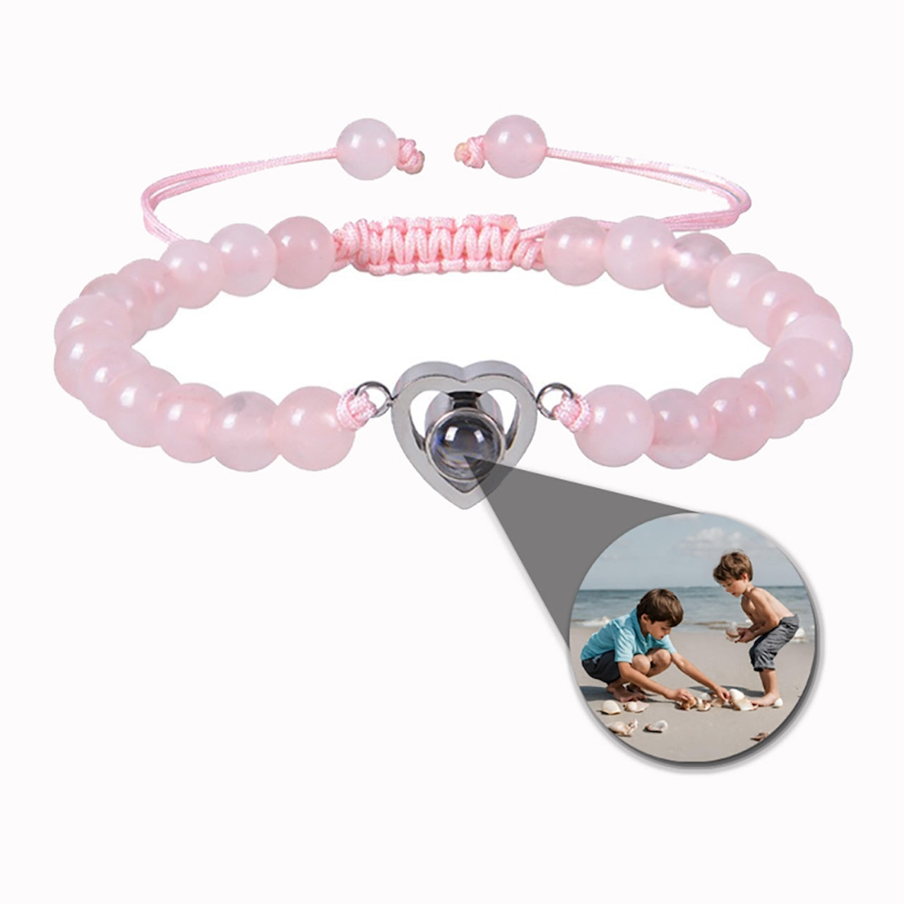 Photo projection bracelet with stone beads and heart pendant