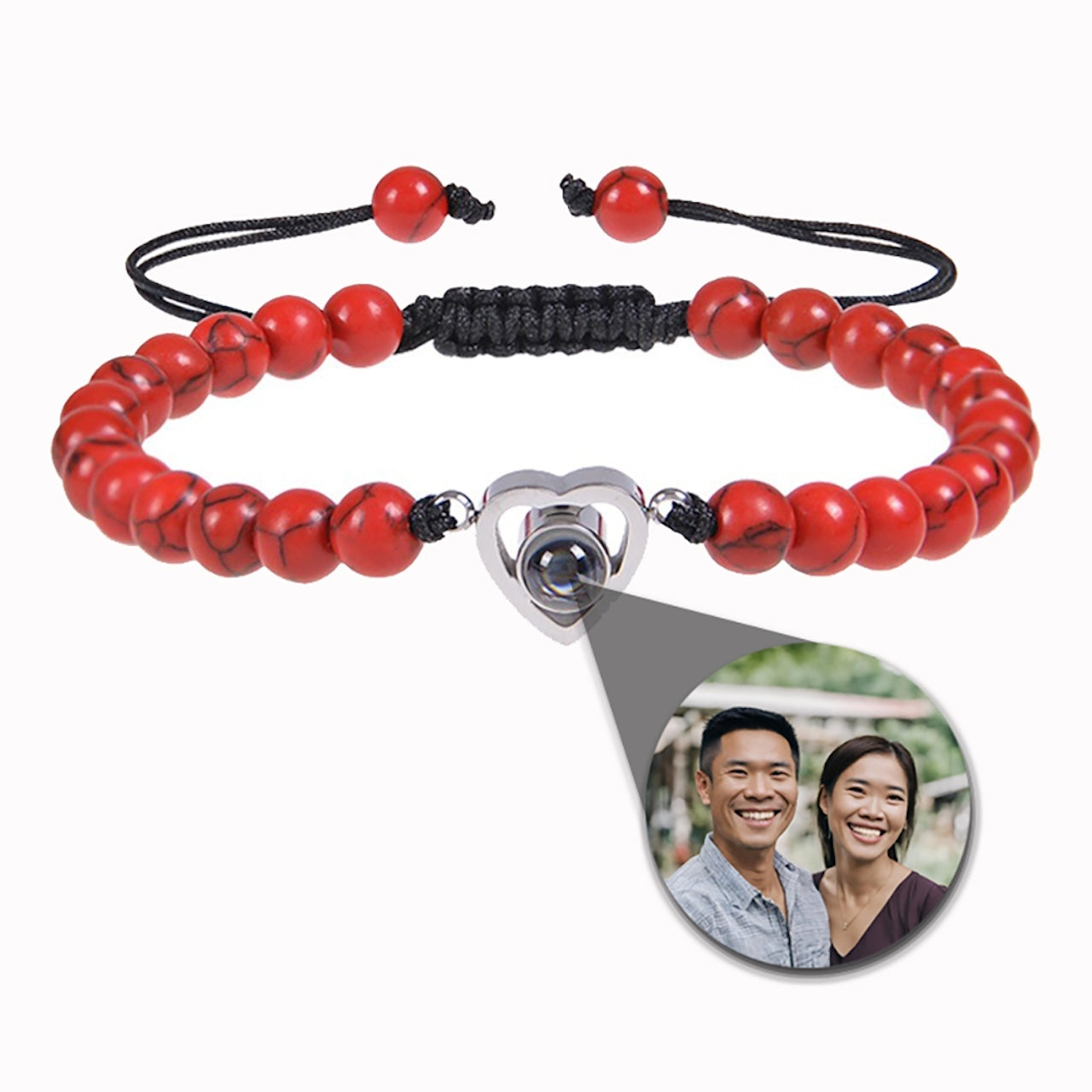 Photo projection bracelet with stone beads and heart pendant