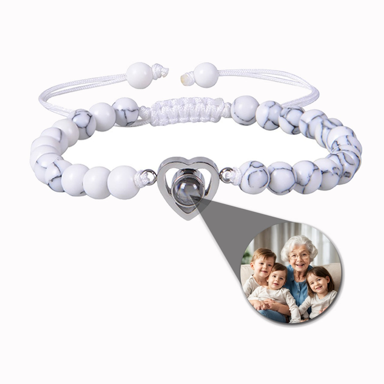 Photo projection bracelet with stone beads and heart pendant