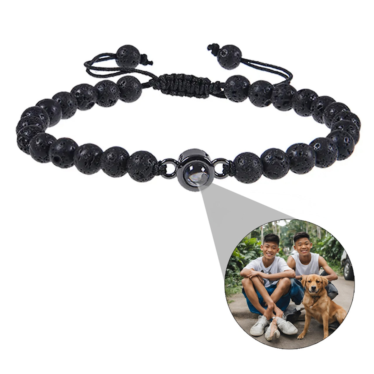 Photo projection bracelet with stone beads and circle charm