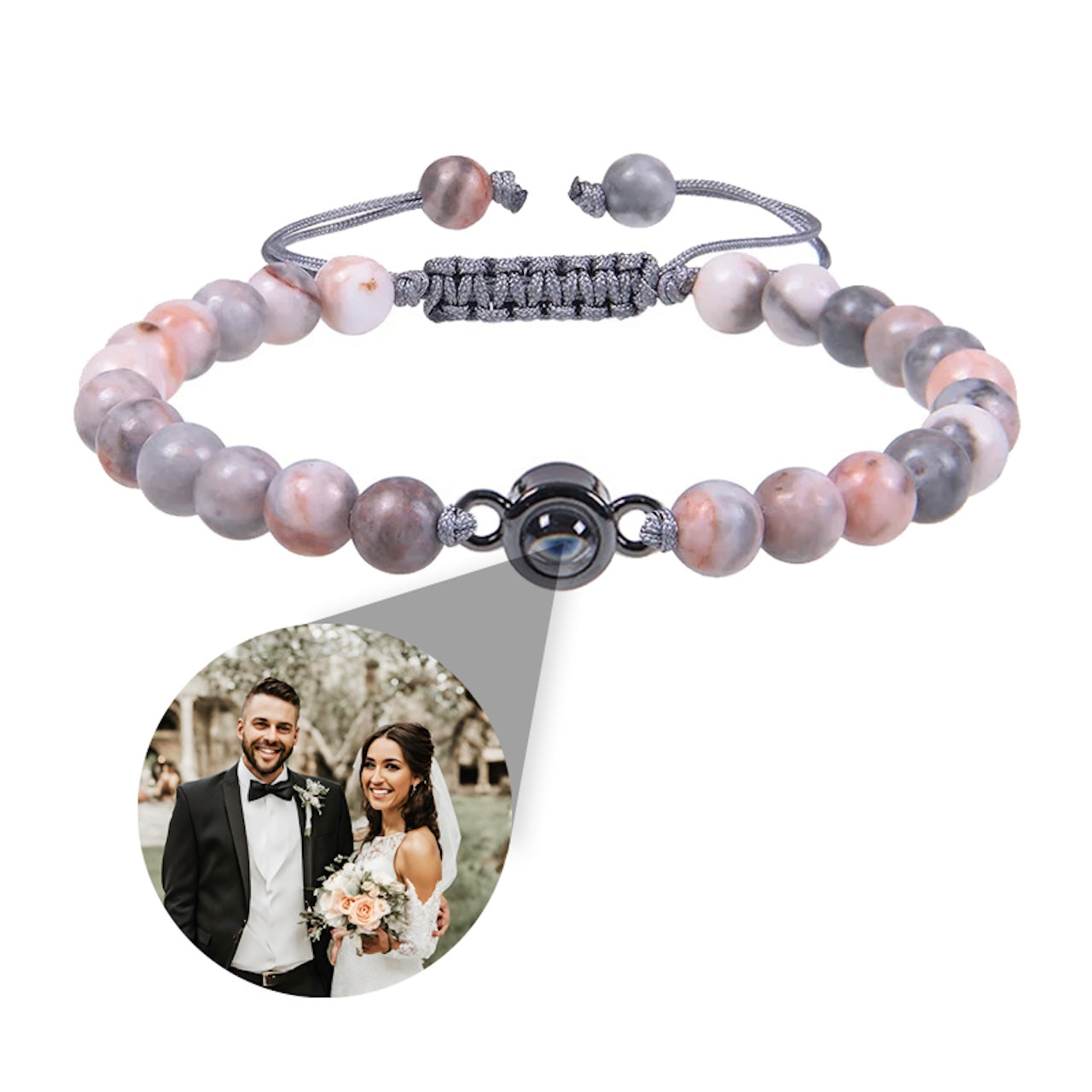 Photo projection bracelet with stone beads and circle charm