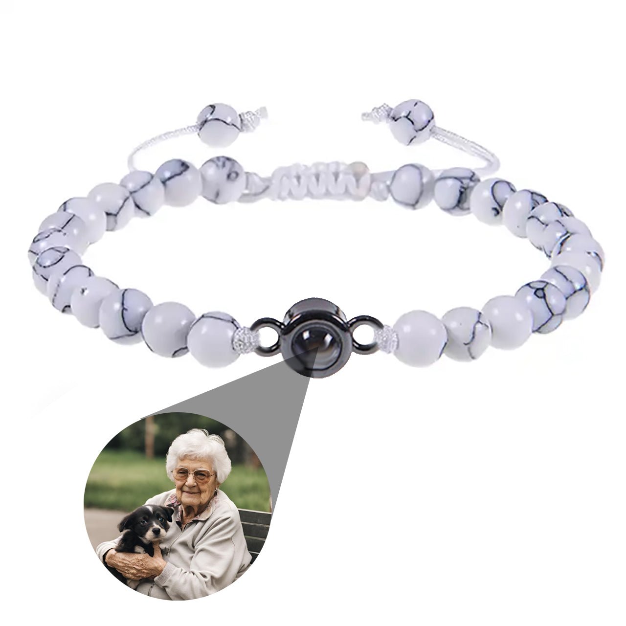 Photo projection bracelet with stone beads and circle charm