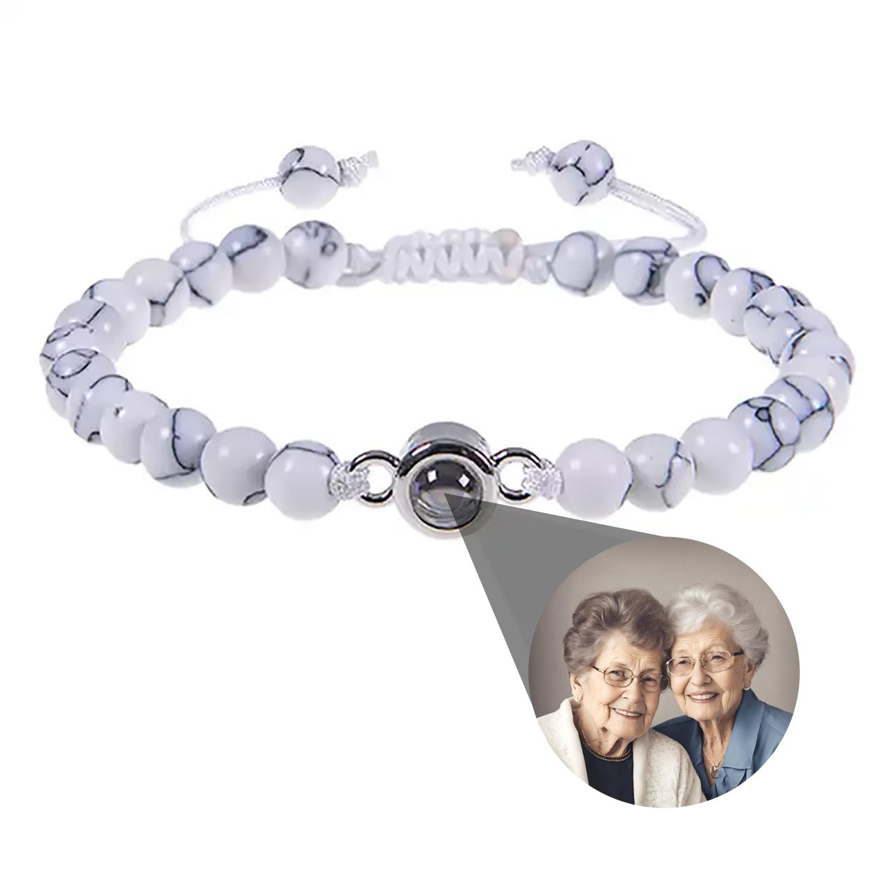 Photo projection bracelet with stone beads and circle charm