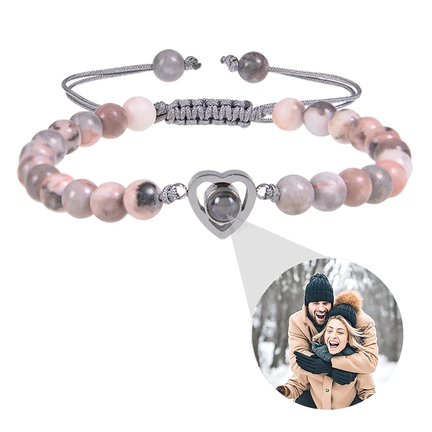 Photo projection bracelet with stone beads and heart pendant