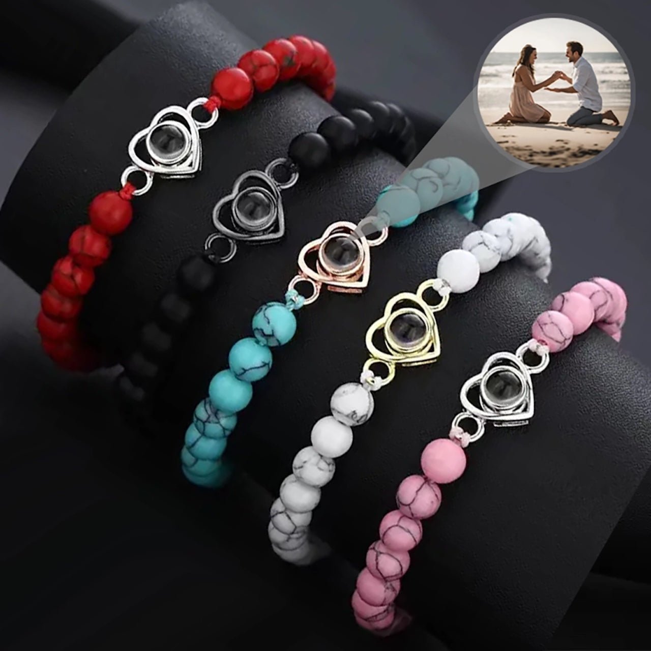 Photo projection bracelet with stone beads and heart pendant