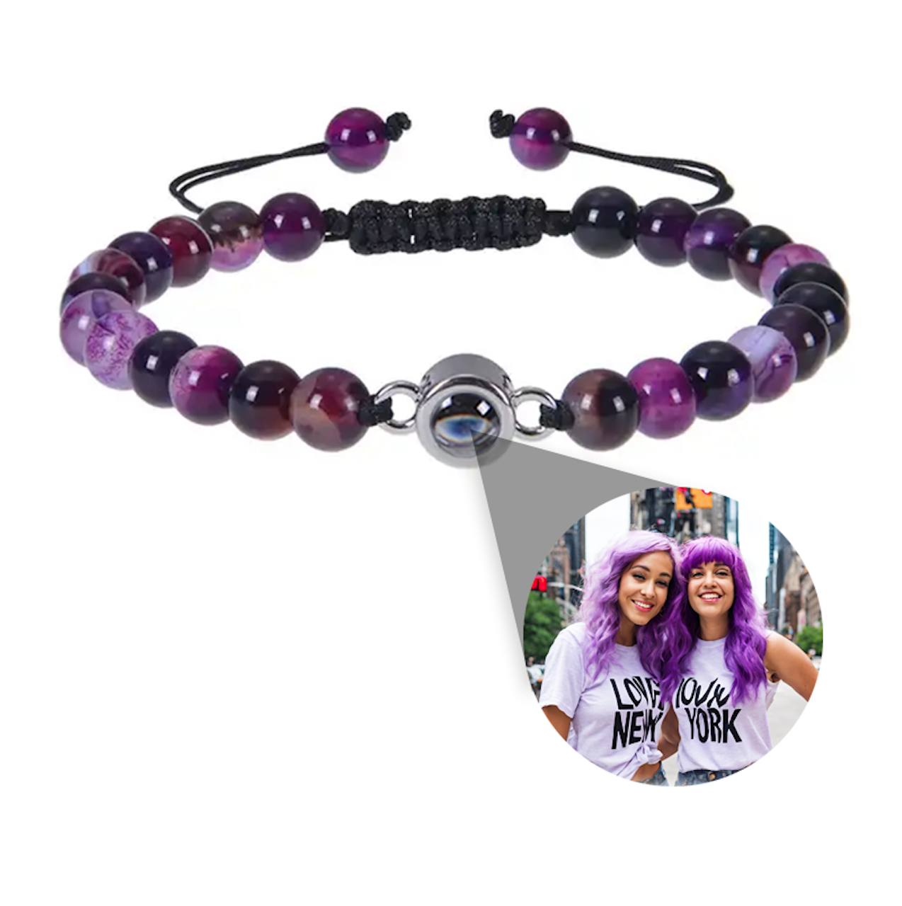 Photo projection bracelet with stone beads and circle charm