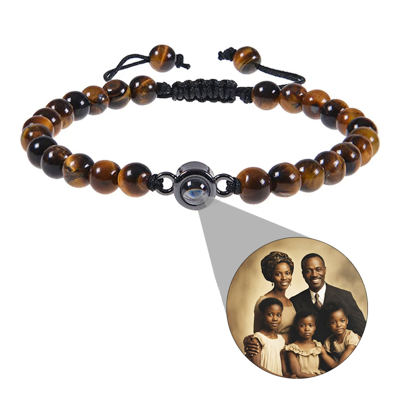 Photo projection bracelet with stone beads and circle charm