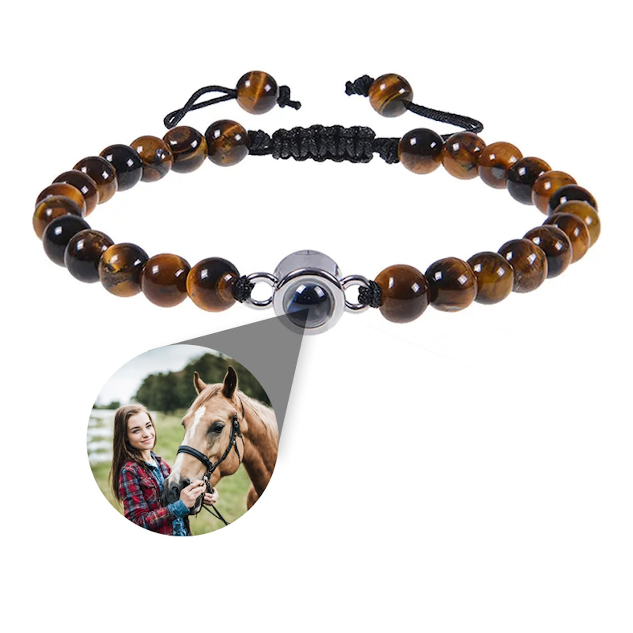 Photo projection bracelet with stone beads and circle charm